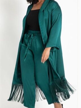 Eloquii Teal Satin Fringe Duster Botanical Duster Top